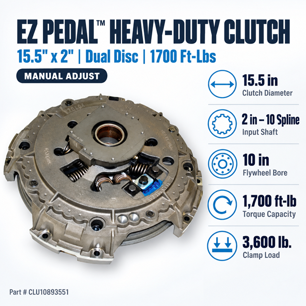 Road Choice CLU10893551 EZ Pedal clutch key specs: 1,700 ft-lb torque, 2 in 10 spline input shaft, 10 in flywheel bore