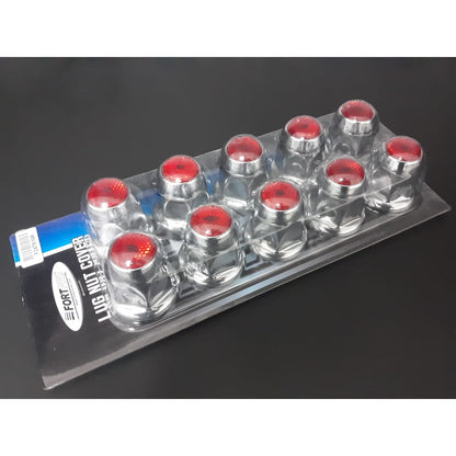 Fortpro 33mm x 2 1/8" Chrome Push-On Nuts Covers with Red Top Reflector - 10 Pack | F247616-R-10QTY