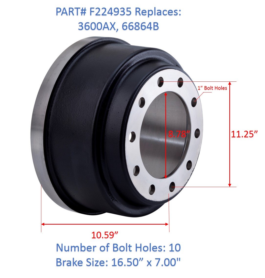 Fortpro 3600AX Brake Drum Balanced for Brake Size 16.5” X 7” - 3600A, 66864B, 3922X
