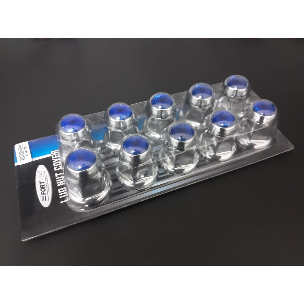 Fortpro 33mm x 2 1/8" Chrome Push-On Nuts Covers with Blue Top Reflector - 10 Pack | F247616-B-10QTY