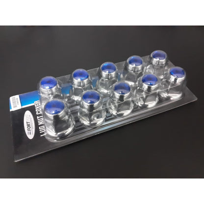 Fortpro 33mm x 2 1/8" Chrome Push-On Nuts Covers with Blue Top Reflector - 10 Pack | F247616-B-10QTY