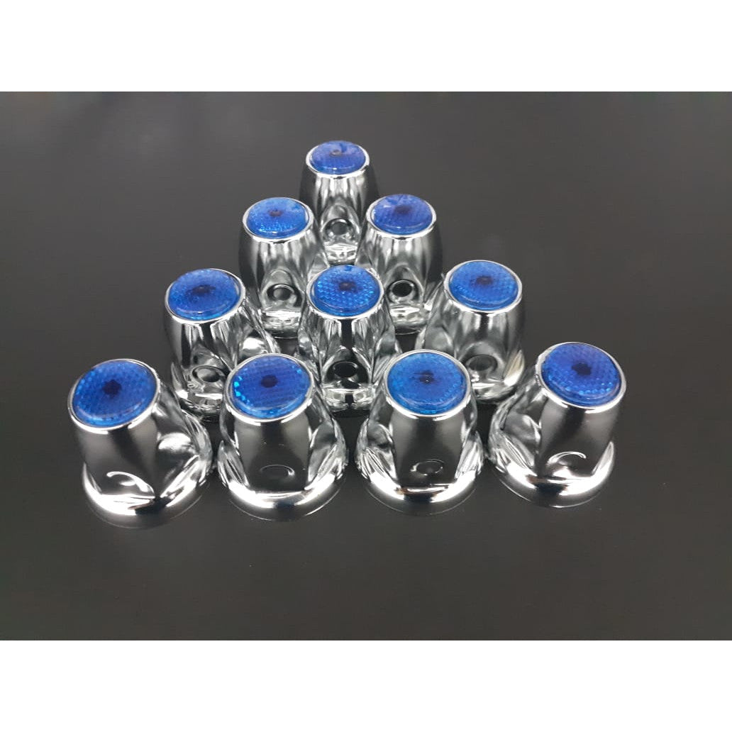 Fortpro 33mm x 2 1/8" Chrome Push-On Nuts Covers with Blue Top Reflector - 10 Pack | F247616-B-10QTY