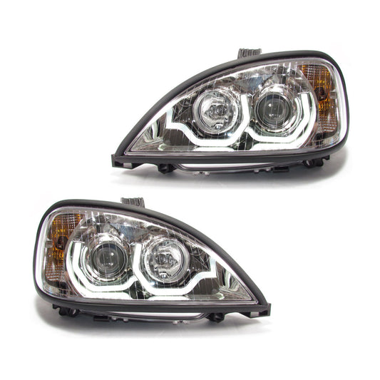Fortpro Chrome Housing Projector Headlights with LED Light Bar For Freightliner Columbia