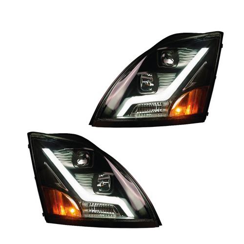 Black Housing Headlights Set w/LED Light Bar for Volvo VN/VNL - Both Sides